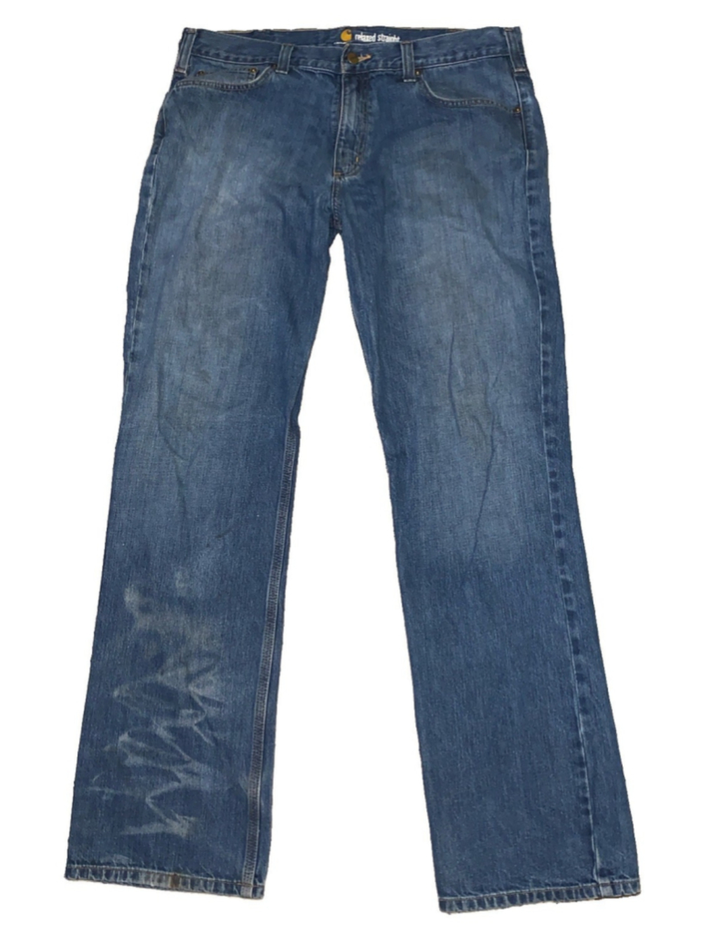 Carharrt Relaxed Fit Jeans 36x34 B15 workwear Blue Denim straight leg flaw read